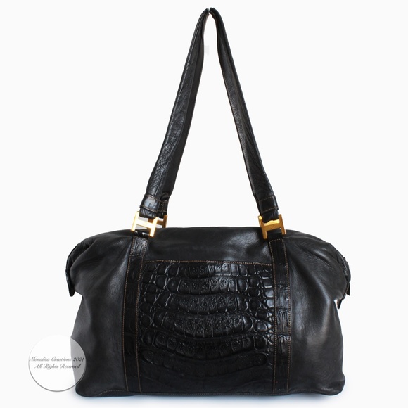 Gucci Duffle Bag Black Crocodile and Kid Leather Large Hobo Vintage 1984 + COA - Picture 3 of 17